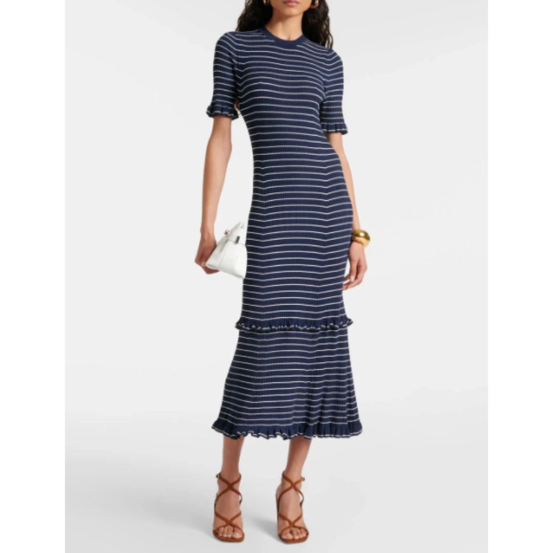 Altuzarra Navy Blue Delpini Stripe Ruffle Trim Midi Dress Size S Small